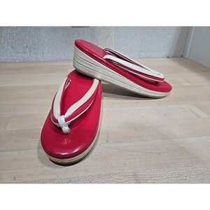 Vintage Japan Geta Shoes Sandals Red White Geisha Robe‎ Leather Slip On Kimono